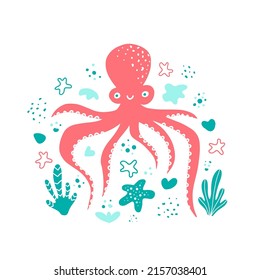 Hand drawn octopus on white background. Sea life around it: starfish, marine plants and corals. Cute creatures and ocean marine life elements for print, poster, kids design.