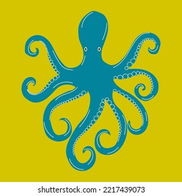 Hand drawn octopus. Seafood shop logo, signboard, restaurant menu, fish market, banner, poster design template. Trendy Vector illustration. Flat design