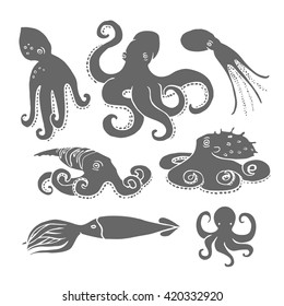 Hand drawn octopus set. Black silhouettes on white background