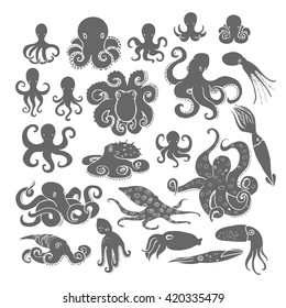 Hand drawn octopus set. Black silhouettes on white background