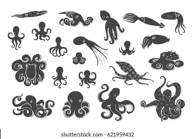 Hand drawn octopus set. Black silhouettes on white background