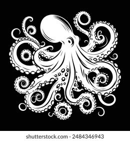 Hand drawn octopus silhouette vector white background