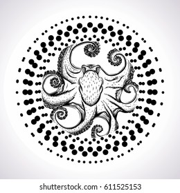 Hand drawn octopus. Sketch of tattoo. Vector isolated illustration. Mandala.