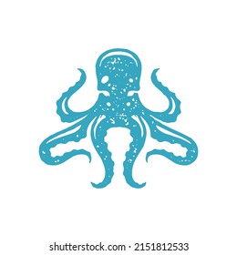 Hand drawn octopus with tentacles minimalist ocean life underwater creature logo blue grunge texture vector illustration. Monochrome danger mollusk decorative design tropical resort aquarium habitat