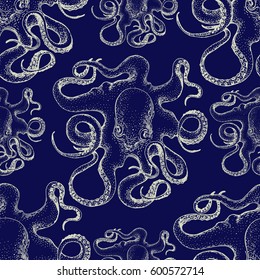 Hand Drawn Octopus Vector Seamless Pattern. Retro Illustration