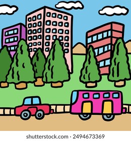 Hand drawn office buildings, tree, car, bus for landscape, green space, city view, street, road, background, wallpaper, poster, post card, trip, vacation, travel, backdrop, print, architecture, patch