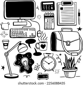 hand drawn office business icons set vector