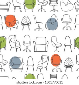 Hand drawn office chairs and armchairs. Vector  seamless pattern