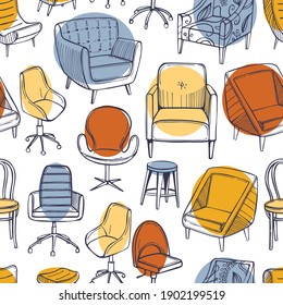 Hand drawn office chairs and armchairs. Vector seamless pattern.