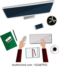 Hand drawn office desktop with isolated computer screen, keyboard, notebooks, coffee, credit card and bussinesman hands typing, top view.  Vector flat illustration. Freelance