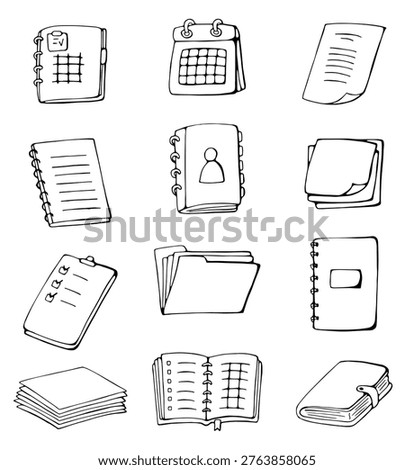 Hand drawn office documents icons including notebook calendar files folders and paper elements simple doodle vector illustration isolated on white background