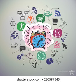 Hand drawn office icons set and sticker with alarm clock
