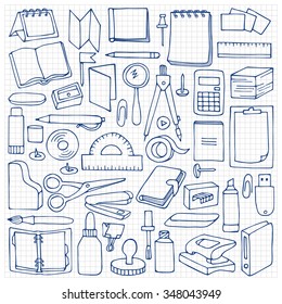 Hand drawn Office set on squared paper. Vector illustration with doodle office elements