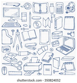 Hand drawn Office set on squared paper. Vector illustration with doodle office elements