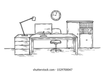 Hand Drawn Office. Sketch Desk With Chair Computer And Lamp. Home Officer Room Interior Vector Background