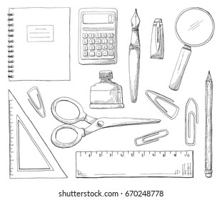 Hand drawn office supplies isolated on white background. Vector illustration of a sketch style.