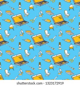 Hand drawn office supplies in seamless pattern. Vector illustration