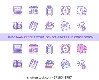 Oficina dibujada a mano y conjunto de iconos de trabajo - portátil ingenuo, calendario, maleta, reloj despertador, hucha, libro abierto, cuaderno, cartera con dinero, sobre, bombilla para negocios y productividad.