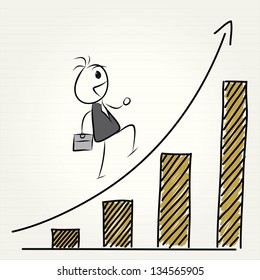 Hand drawn office worker climbs up chart