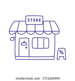 Hand Drawn Offline Store Linear Vector Icon.
Doodle Illustration With A Blue Outline. Isolated On White Background