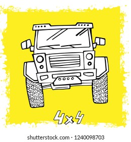 Hand drawn offroad 4x4 car in creative doodle style. Off-road adventure element in black color useful for T-shirt, poster or print design. Editable vector illustration isolated on yellow background.  