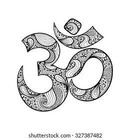 Hand drawn Ohm symbol, indian Diwali spiritual sign Om with high details isolated on white background, illustration in zentangle style. Vector monochrome sketch.