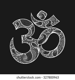 Hand drawn Ohm symbol, indian Diwali spiritual sign Om with high details isolated on black background, illustration in zentangle style. Vector monochrome sketch. 
