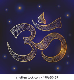 Hand drawn Ohm symbol, indian Diwali spiritual sign Om with high details illustration in zentangle style.  Gold on dark blue background.