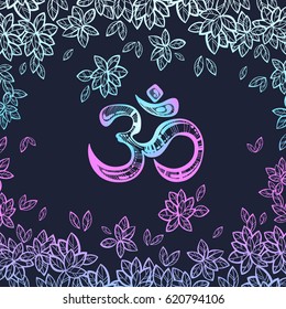 Hand drawn Ohm symbol, indian Diwali spiritual sign Om. Bodhi Tree leafs around. High detailed decorative vector illustration in neon colors. Tattoo, yoga, spirituality, textiles.