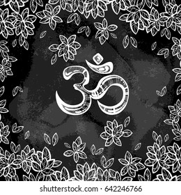 Hand drawn Ohm symbol, indian Diwali spiritual sign Om. Bodhi Tree leafs around. High detailed decorative vector illustration in neon colors. Tattoo, yoga, spirituality, textiles.