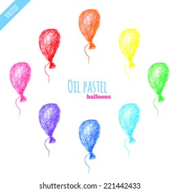 Hand drawn oil pastel colorful rainbow balloons set