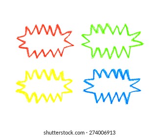 Hand drawn oil pastel colorful speech bubbles for comics isolated on white background. Zigzag bubbles for text and thoughts. Multicolored cartoon zigzag clouds.Oil pastel rainbow doodle frames. 