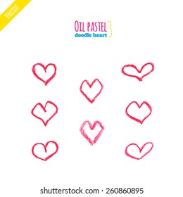 Hand drawn oil pastel hearts. Oil pastel heart icons. Illustration set of different hand-drawn hearts. Doodle hand painted hearts. Set hearts drawn with lipstick. Oil pastel design element.