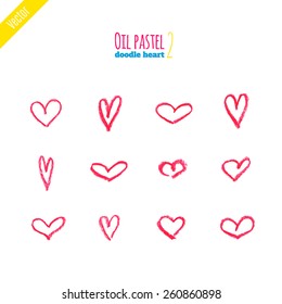 Hand drawn oil pastel hearts. Oil pastel heart icons. Illustration set of different hand-drawn hearts. Doodle hand painted hearts. Set hearts drawn with lipstick. Oil pastel design element.