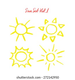 Hand drawn oil pastel sun set. Many different suns isolated on white background. Oil pastes doodle cartoon suns. Illustration of suns. Sun icons set. Colorful chalk suns. 
