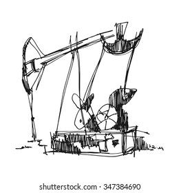 Hand drawn oil pump. Retro vector illustration. Freehand drawing with liner pen on paper.