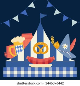 Hand drawn Oktoberfest flat color vector icon. Oktoberfest fair event celebration design element. Bavarian beer festival. Traditional beer mug, pretzel, sausage at German fest beergarden illustration