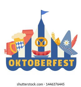 Hand drawn Oktoberfest flat color vector icon. Oktoberfest fair event celebration design element. Bavarian beer festival. Traditional beer mug, pretzel, sausage at German fest beergarden illustration