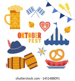 Juego de iconos vectoriales de color plano de Oktoberfest dibujado a mano. Elemento de diseño de la celebración del evento de la feria Oktoberfest. Tienda del festival bávaro de cerveza. Cervecería tradicional, tazón, pretzel en la ilustración del jardín de cerveza del festival