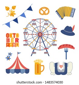 Hand drawn Oktoberfest flat color vector icon set. Oktoberfest fair event celebration design element. Bavarian beer festival tent. Traditional beer mug, ferris wheel at fest beergarden illustration