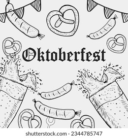 hand drawn oktoberfest with glasses of beer and sausages illustration