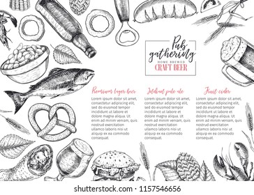 Hand drawn Oktoberfest pub menu template. Beer and snacks. Vector glass, bottle, opener, fish, pretzel, barley, hop, food. Alcohol beverages. Craft brewery. Discount banner festival flyer, pub poster.