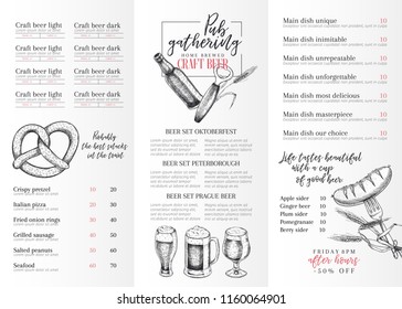 Hand drawn Oktoberfest pub menu template. Beer and snacks. Vector glass, bottle, opener, fish, pretzel, barley, hop, food. Alcohol beverages. Craft brewery Discount banner festival flyer pub poster.