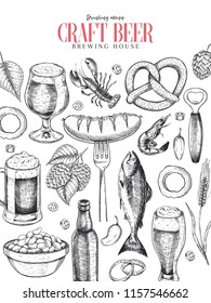 Hand drawn Oktoberfest pub poster. Beer and snacks. Vector glass, bottle, opener, fish, pretzel, barley, hop, food. Bar alcohol beverages. Craft brewery Discount banner festival menu flyer poster.