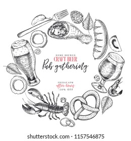 Hand drawn Oktoberfest pub poster. Beer and snacks. Vector glass, bottle, opener, fish, pretzel, barley, hop, food. Bar alcohol beverages. Craft brewery Discount banner festival menu flyer poster.