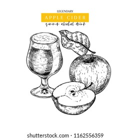 Hand drawn Oktoberfest pub poster. Apple cider beer drink. Vector glass bottle and sliced apples, leaves. Bar alcohol beverages. Craft brewery Discount banner festival menu flyer poster.