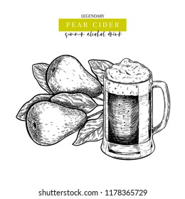 Hand drawn Oktoberfest pub poster. Pear cider beer. Vector glass mug and pear branch. Bar alcohol beverages. Craft brewery Discount banner festival menu flyer poster.