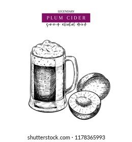 Hand drawn Oktoberfest pub poster. Plum berry cider beer drink. Vector glass mug and sliced plums. Bar alcohol beverages. Craft brewery Discount banner festival menu flyer poster.