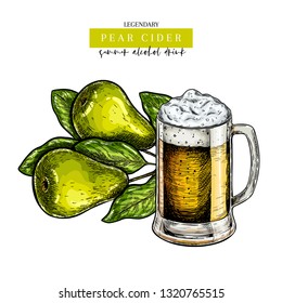 Hand drawn Oktoberfest, Saint Patrick day pub poster. Pear cider beer. Colored vector glass mug and pear branch. Bar alcohol beverages. Craft brewery. Label design, festival menu, flyer poster.