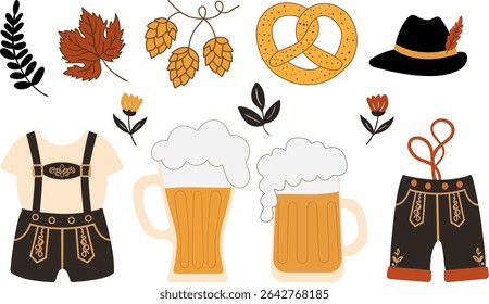conjunto de vetor oktoberfest desenhado à mão com canecas de cerveja pretzels lederhosen lúpulos e folhas de outono perfeito para o festival alemão projetos decorações menus